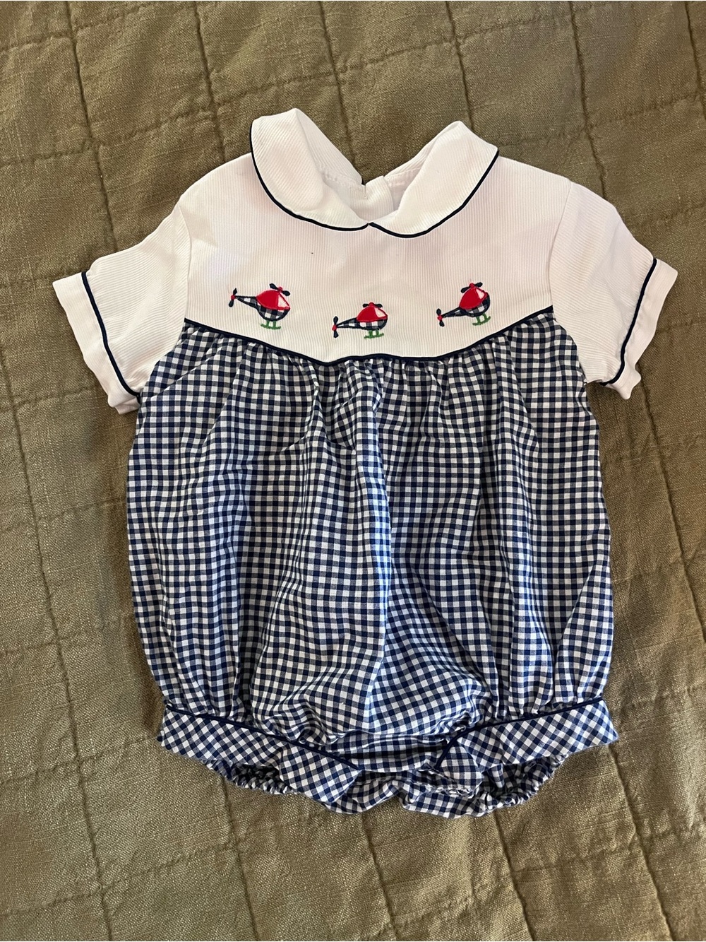 Vintage Gingham Baby Bubble Romper with Helicopter Embroidery - Navy & White